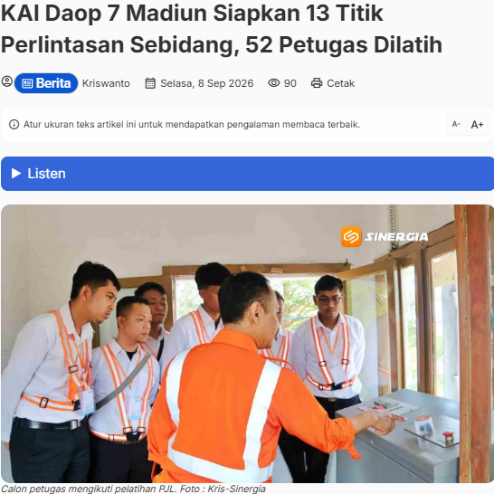 KAI Daop 7 Madiun Siapkan 13 Titik Perlintasan Sebidang, 52 Petugas Dilatih