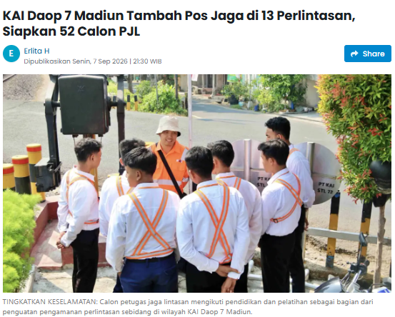 KAI Daop 7 Madiun Tambah Pos Jaga di 13 Perlintasan, Siapkan 52 Calon PJL