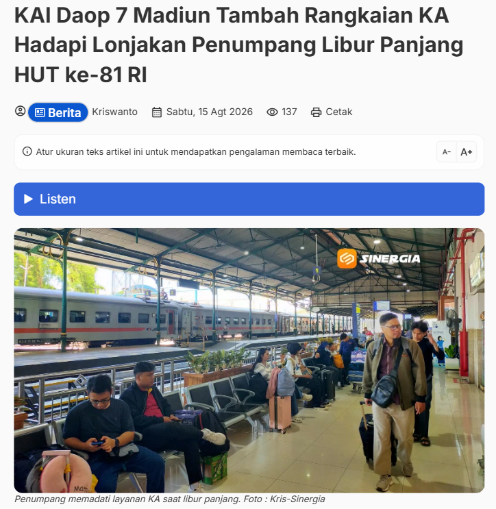 KAI Daop 7 Madiun Tambah Rangkaian KA Hadapi Lonjakan Penumpang Libur Panjang HUT ke-81 RI