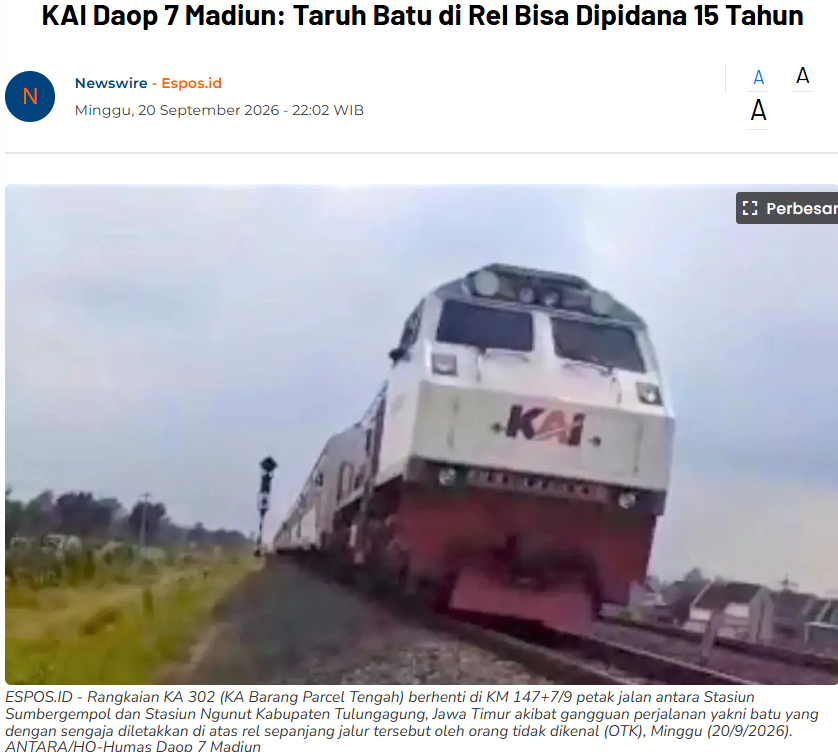 KAI Daop 7 Madiun: Taruh Batu di Rel Bisa Dipidana 15 Tahun