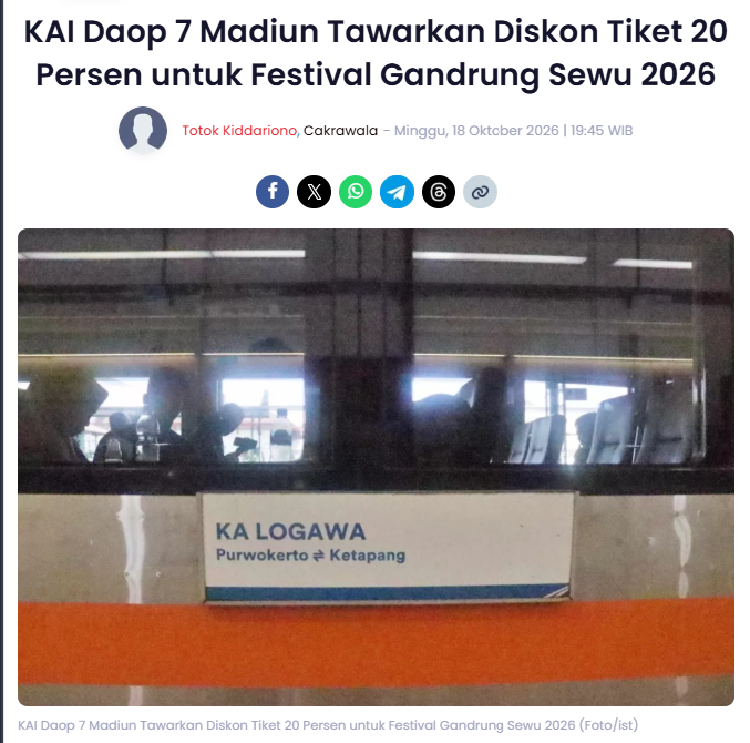 KAI Daop 7 Madiun Tawarkan Diskon Tiket 20 Persen untuk Festival Gandrung Sewu 2026