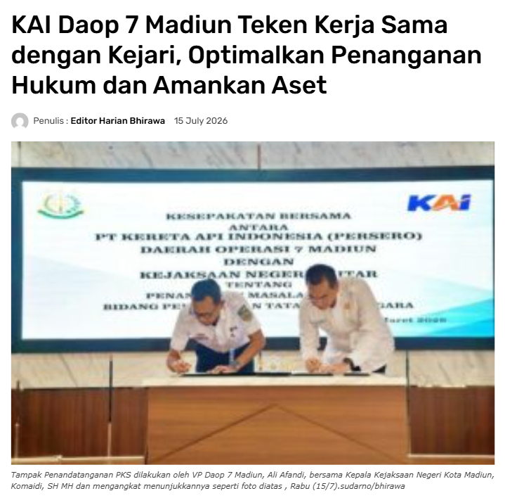 KAI Daop 7 Madiun Teken Kerja Sama dengan Kejari, Optimalkan Penanganan Hukum dan Amankan Aset