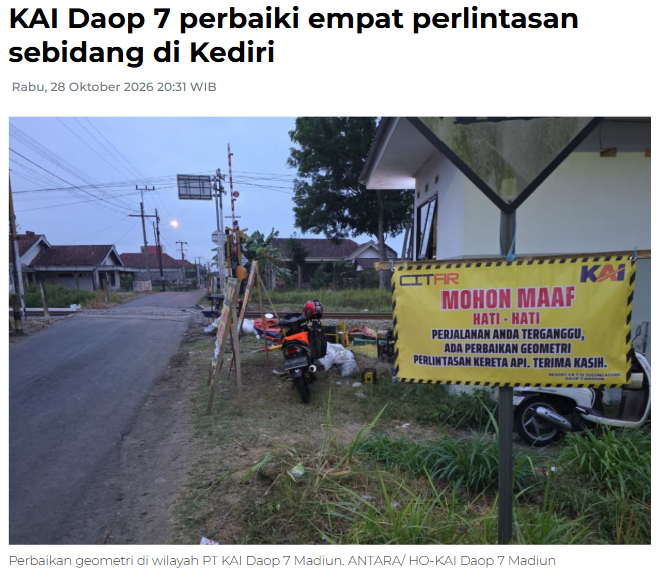 KAI Daop 7 perbaiki empat perlintasan sebidang di Kediri