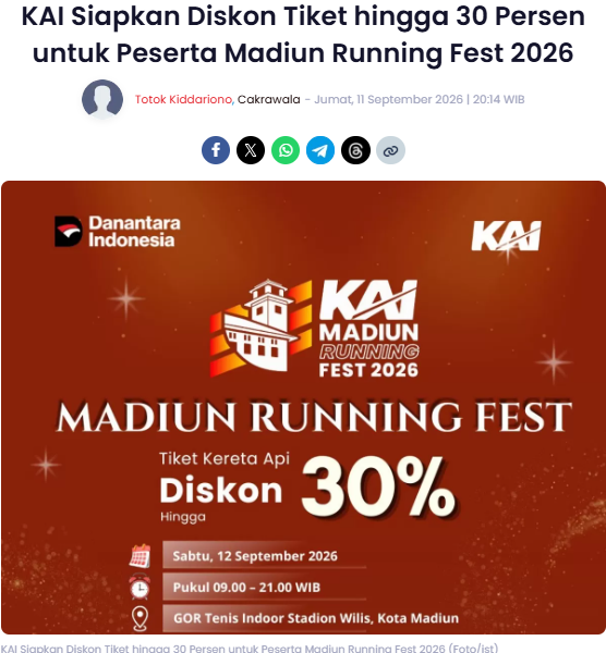 KAI Siapkan Diskon Tiket hingga 30 Persen untuk Peserta Madiun Running Fest 2026