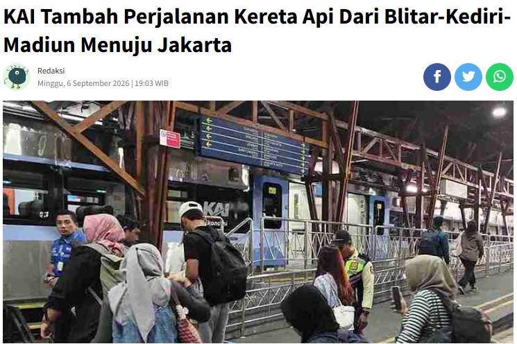 KAI Tambah Perjalanan Kereta Api Dari Blitar-Kediri-Madiun Menuju Jakarta
