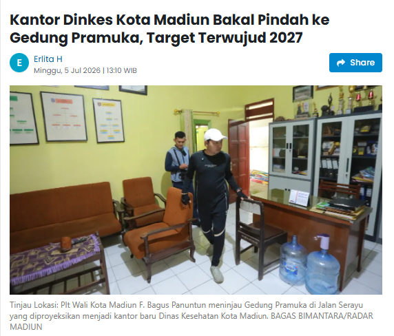 Kantor Dinkes Kota Madiun Bakal Pindah ke Gedung Pramuka, Target Terwujud 2027