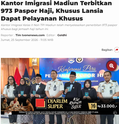 Kantor Imigrasi Madiun Terbitkan 973 Paspor Haji, Khusus Lansia Dapat Pelayanan Khusus