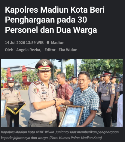 Kapolres Madiun Kota Beri Penghargaan pada 30 Personel dan Dua Warga