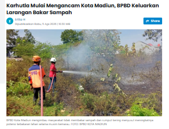 Karhutla Mulai Mengancam Kota Madiun, BPBD Keluarkan Larangan Bakar Sampah