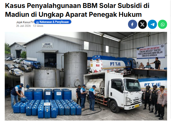 Kasus Penyalahgunaan BBM Solar Subsidi di Madiun di Ungkap Aparat Penegak Hukum