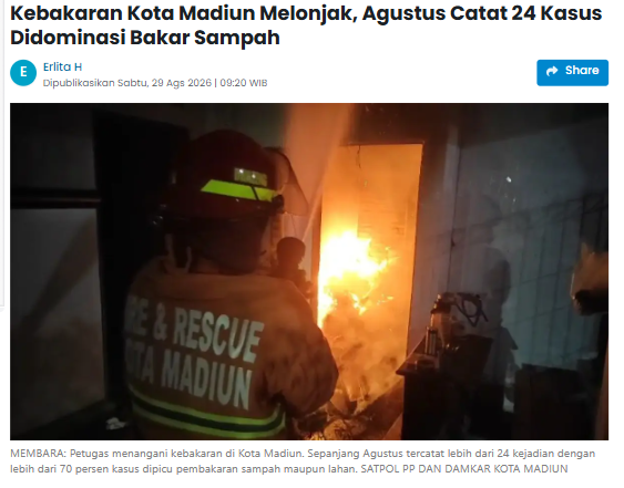 Kebakaran Kota Madiun Melonjak, Agustus Catat 24 Kasus Didominasi Bakar Sampah