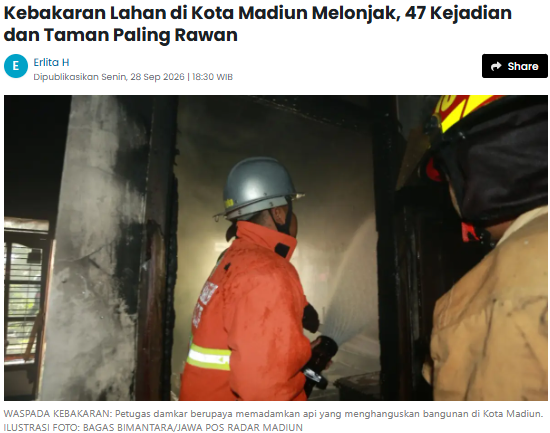 Kebakaran Lahan di Kota Madiun Melonjak, 47 Kejadian dan Taman Paling Rawan