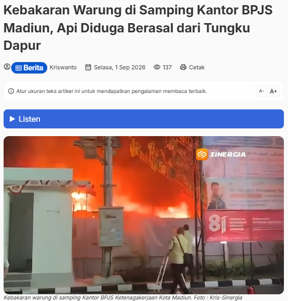 Kebakaran Warung di Samping Kantor BPJS Madiun, Api Diduga Berasal dari Tungku Dapur