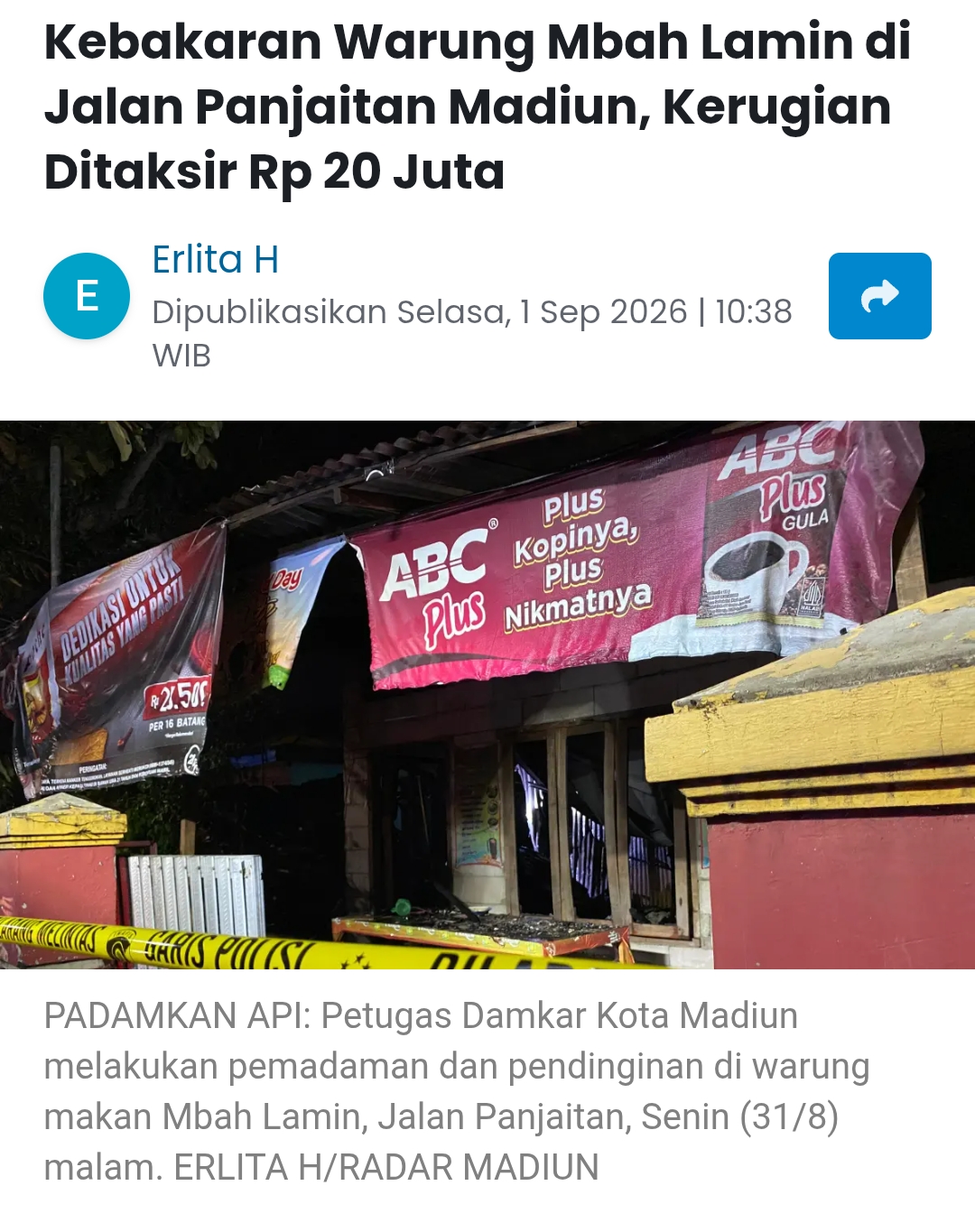 Kebakaran Warung Mbah Lamin di Jalan Panjaitan Madiun, Kerugian Ditaksir Rp 20 Juta
