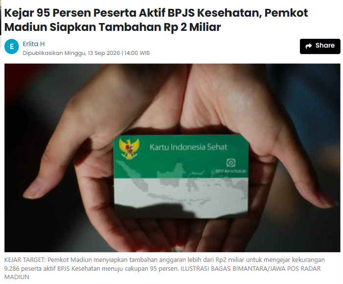 Kejar 95 Persen Peserta Aktif BPJS Kesehatan, Pemkot Madiun Siapkan Tambahan Rp 2 Miliar