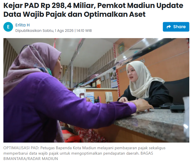 Kejar PAD Rp 298,4 Miliar, Pemkot Madiun Update Data Wajib Pajak dan Optimalkan Aset