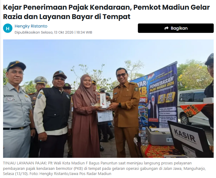 Kejar Penerimaan Pajak Kendaraan, Pemkot Madiun Gelar Razia dan Layanan Bayar di Tempat