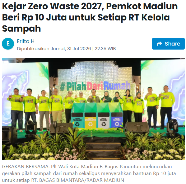 Kejar Zero Waste 2027, Pemkot Madiun Beri Rp 10 Juta untuk Setiap RT Kelola Sampah