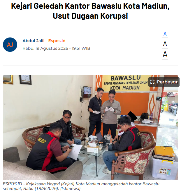 Kejari Geledah Kantor Bawaslu Kota Madiun, Usut Dugaan Korupsi