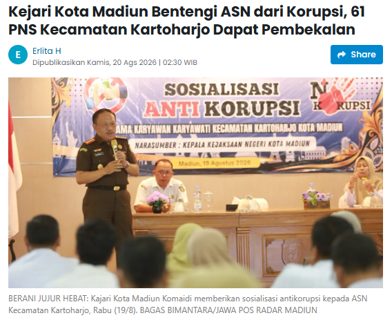 Kejari Kota Madiun Bentengi ASN dari Korupsi, 61 PNS Kecamatan Kartoharjo Dapat Pembekalan