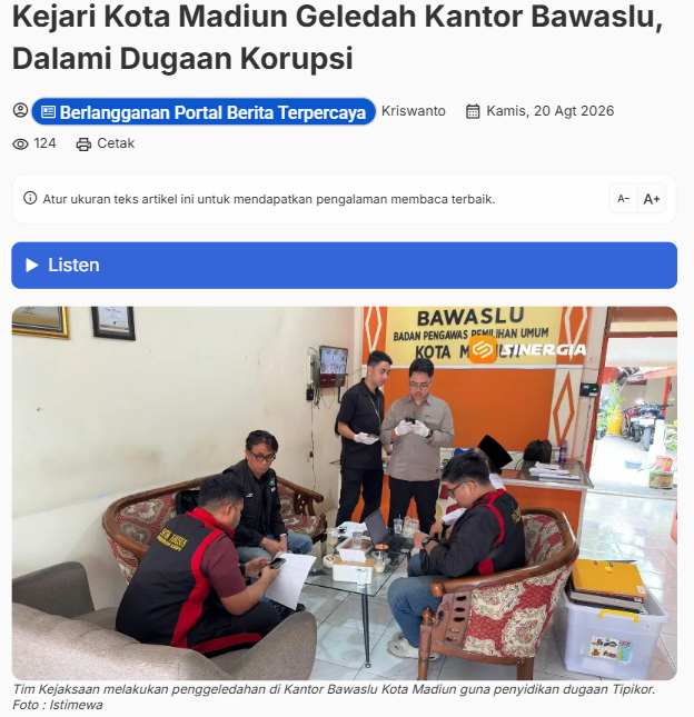 Kejari Kota Madiun Geledah Kantor Bawaslu, Dalami Dugaan Korupsi