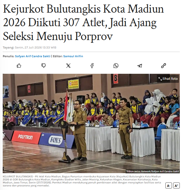 Kejurkot Bulutangkis Kota Madiun 2026 Diikuti 307 Atlet, Jadi Ajang Seleksi Menuju Porprov