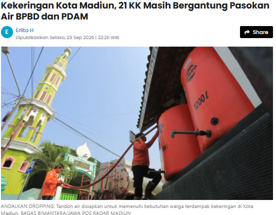 Kekeringan Kota Madiun, 21 KK Masih Bergantung Pasokan Air BPBD dan PDAM