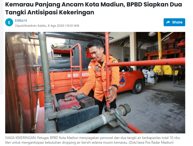 Kemarau Panjang Ancam Kota Madiun, BPBD Siapkan Dua Tangki Antisipasi Kekeringan