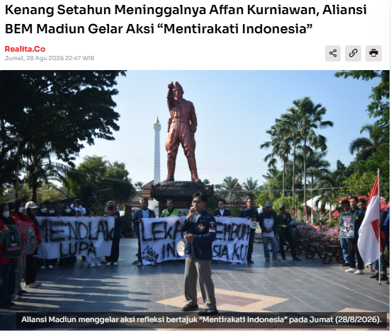 Kenang Setahun Meninggalnya Affan Kurniawan, Aliansi BEM Madiun Gelar Aksi “Mentirakati Indonesia”