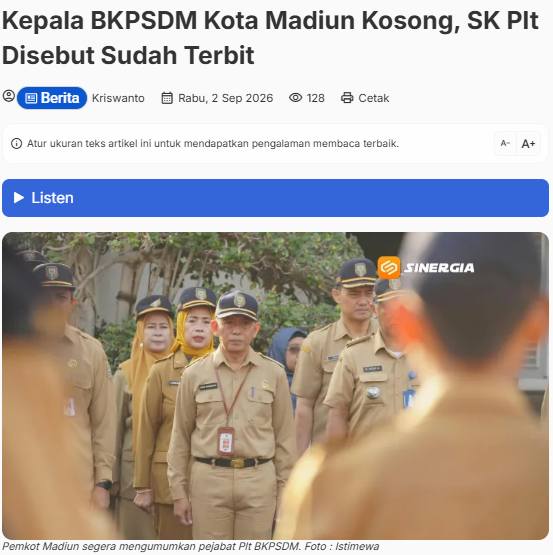 Kepala BKPSDM Kota Madiun Kosong, SK Plt Disebut Sudah Terbit