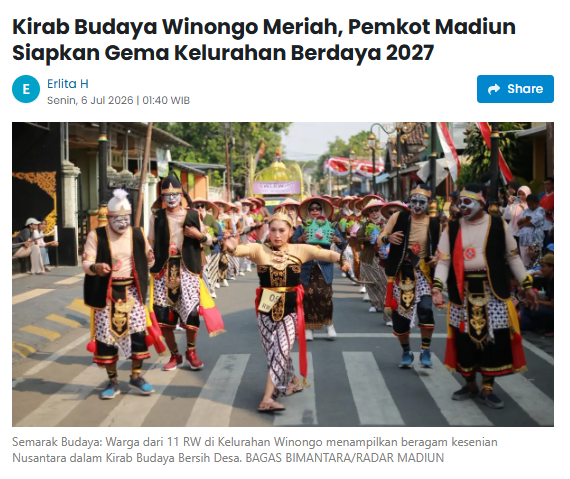Kirab Budaya Winongo Meriah, Pemkot Madiun Siapkan Gema Kelurahan Berdaya 2027