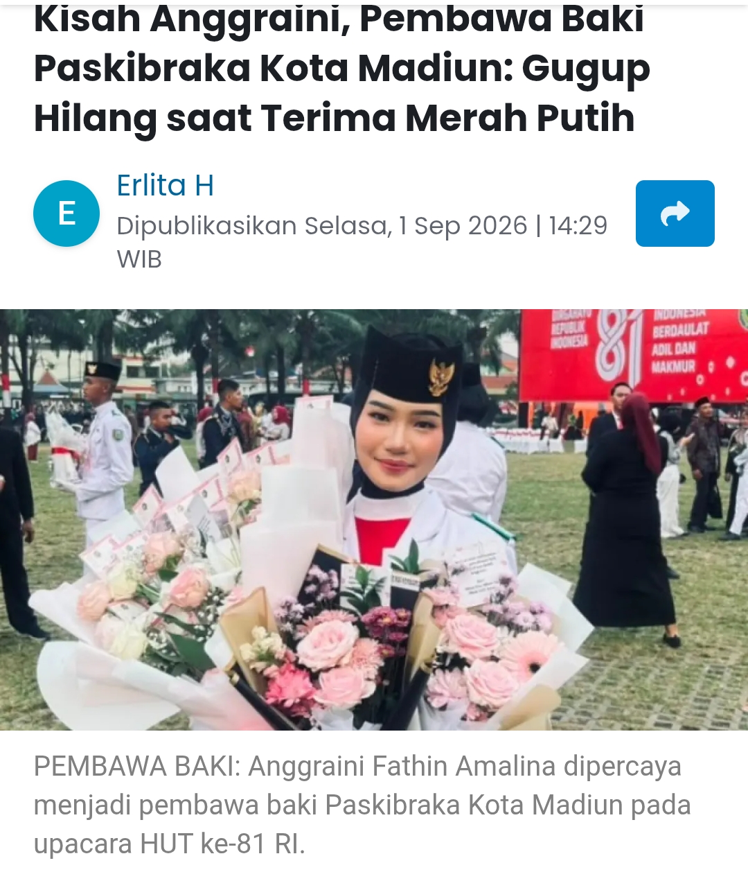 Kisah Anggraini, Pembawa Baki Paskibraka Kota Madiun: Gugup Hilang saat Terima Merah Putih