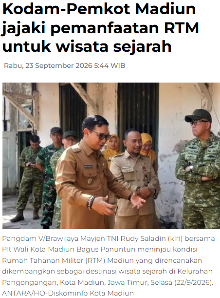 Kodam-Pemkot Madiun jajaki pemanfaatan RTM untuk wisata sejarah