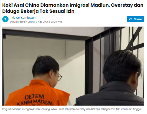 Koki Asal China Diamankan Imigrasi Madiun, Overstay dan Diduga Bekerja Tak Sesuai Izin