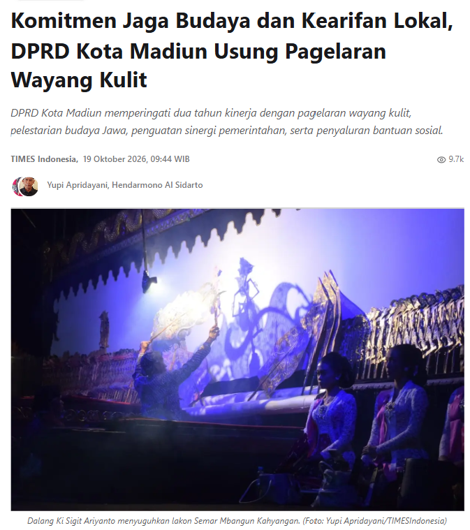 Komitmen Jaga Budaya dan Kearifan Lokal, DPRD Kota Madiun Usung Pagelaran Wayang Kulit