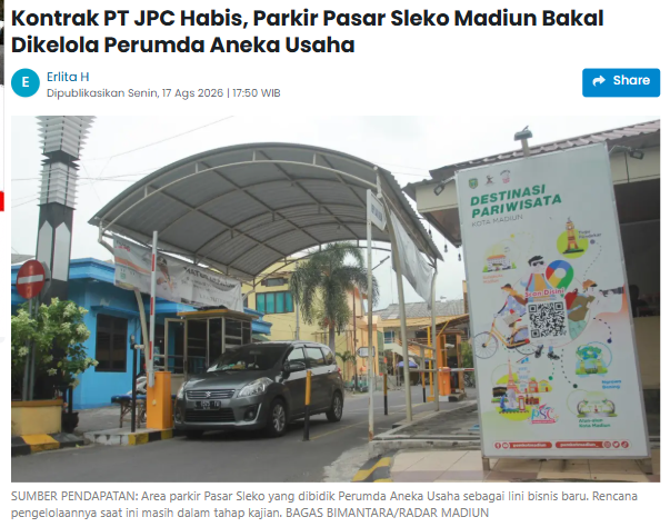 Kontrak PT JPC Habis, Parkir Pasar Sleko Madiun Bakal Dikelola Perumda Aneka Usaha