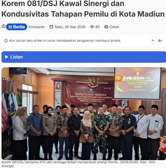 Korem 081/DSJ Kawal Sinergi dan Kondusivitas Tahapan Pemilu di Kota Madiun
