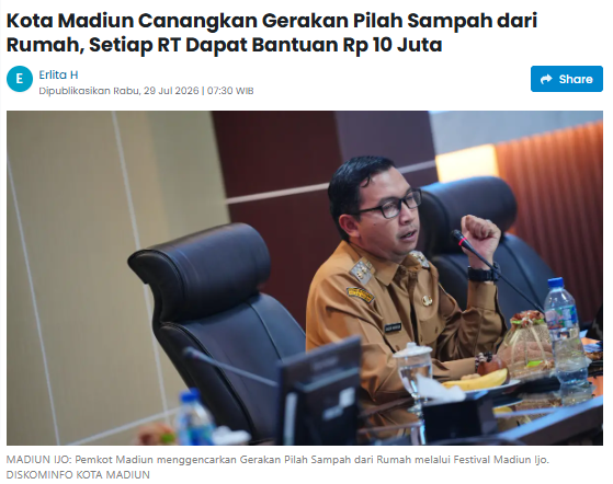 Kota Madiun Canangkan Gerakan Pilah Sampah dari Rumah, Setiap RT Dapat Bantuan Rp 10 Juta