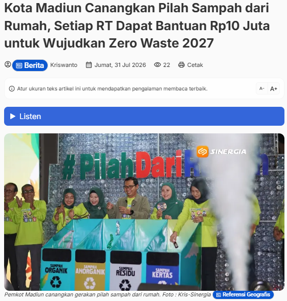 Kota Madiun Canangkan Pilah Sampah dari Rumah, Setiap RT Dapat Bantuan Rp10 Juta untuk Wujudkan Zero Waste 2027