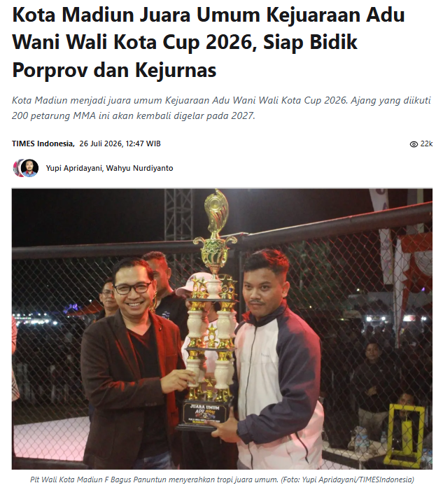 Kota Madiun Juara Umum Kejuaraan Adu Wani Wali Kota Cup 2026, Siap Bidik Porprov dan Kejurnas