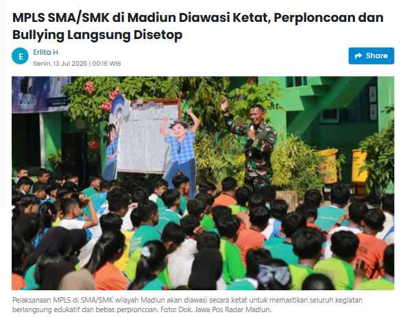 MPLS SMA/SMK di Madiun Diawasi Ketat, Perploncoan dan Bullying Langsung Disetop