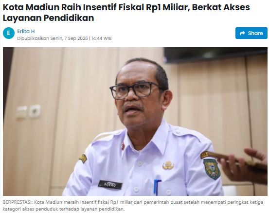 Kota Madiun Raih Insentif Fiskal Rp1 Miliar, Berkat Akses Layanan Pendidikan