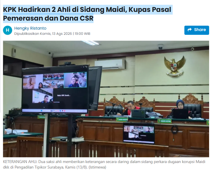 KPK Hadirkan 2 Ahli di Sidang Maidi, Kupas Pasal Pemerasan dan Dana CSR