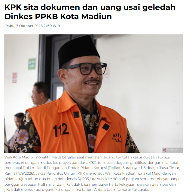 KPK sita dokumen dan uang usai geledah Dinkes PPKB Kota Madiun