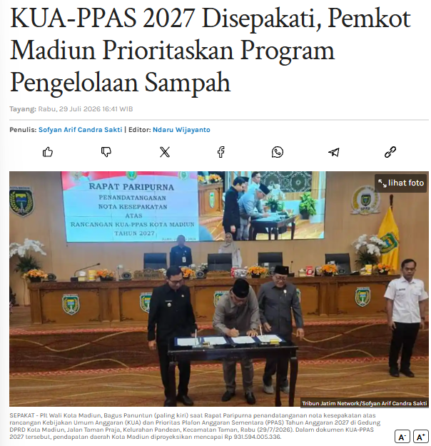 KUA-PPAS 2027 Disepakati, Pemkot Madiun Prioritaskan Program Pengelolaan Sampah