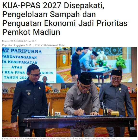 KUA-PPAS 2027 Disepakati, Pengelolaan Sampah dan Penguatan Ekonomi Jadi Prioritas Pemkot Madiun