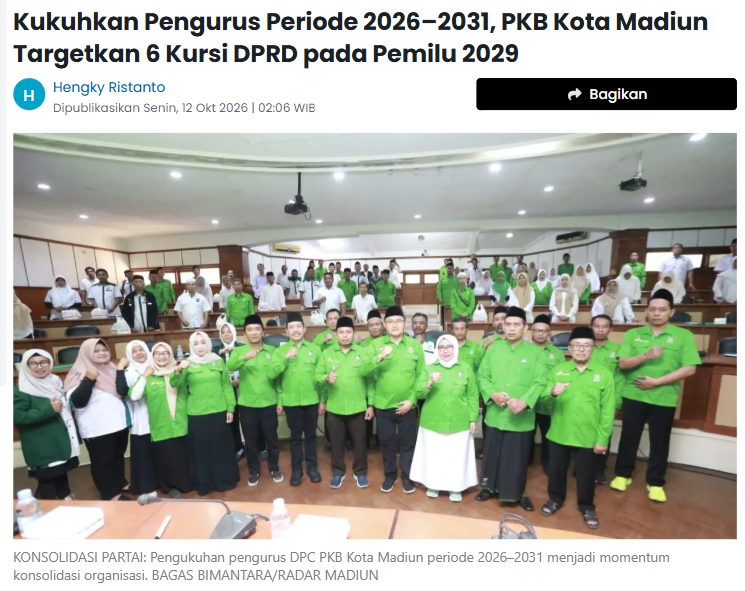 Kukuhkan Pengurus Periode 2026–2031, PKB Kota Madiun Targetkan 6 Kursi DPRD pada Pemilu 2029