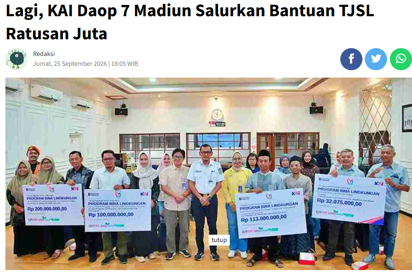 Lagi, KAI Daop 7 Madiun Salurkan Bantuan TJSL Ratusan Juta
