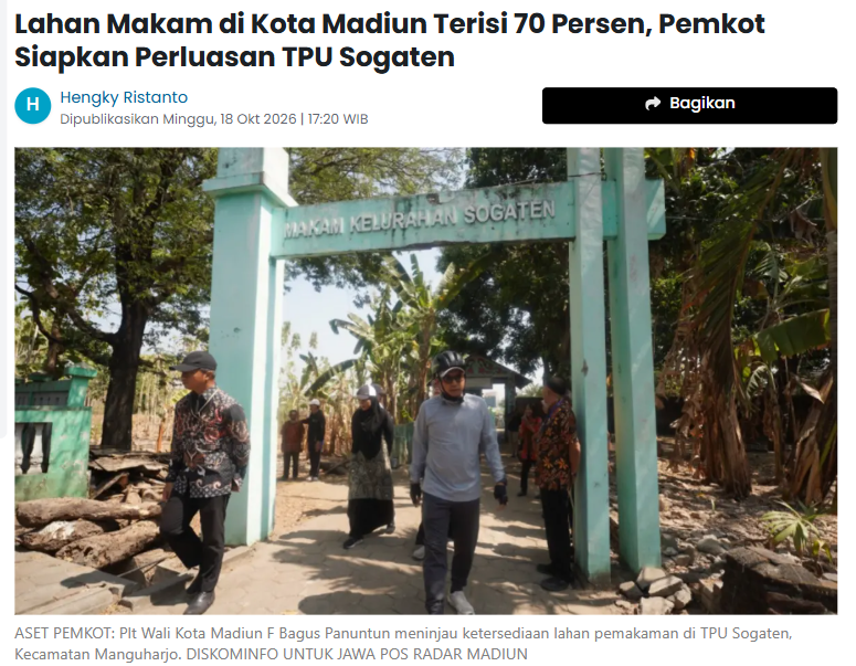 Lahan Makam di Kota Madiun Terisi 70 Persen, Pemkot Siapkan Perluasan TPU Sogaten