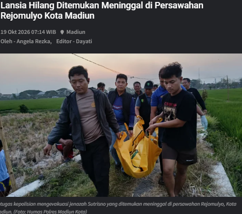 Lansia Hilang Ditemukan Meninggal di Persawahan Rejomulyo Kota Madiun